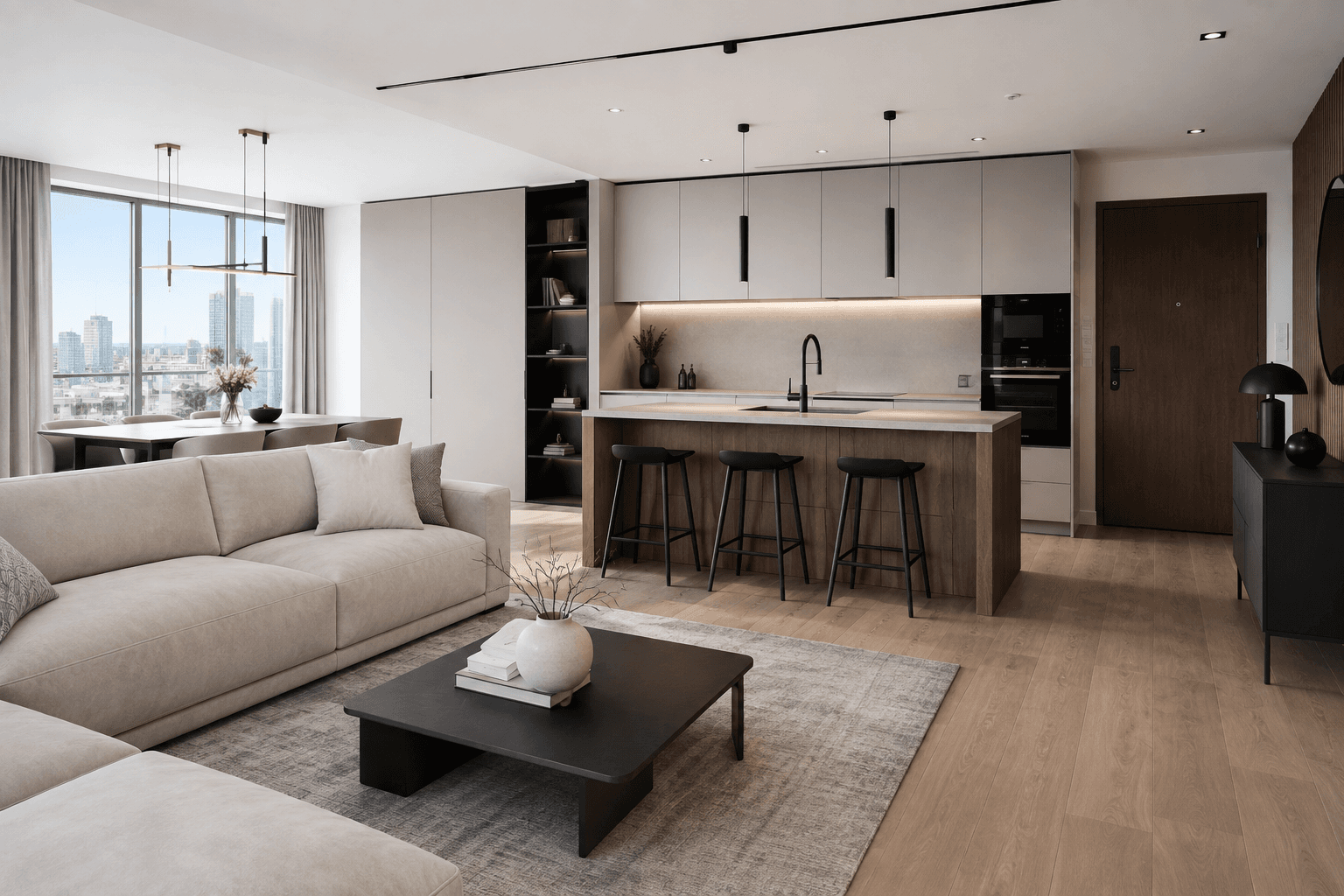 Jasne wnętrze apartamentu z kuchnią i zabudową na wymiar