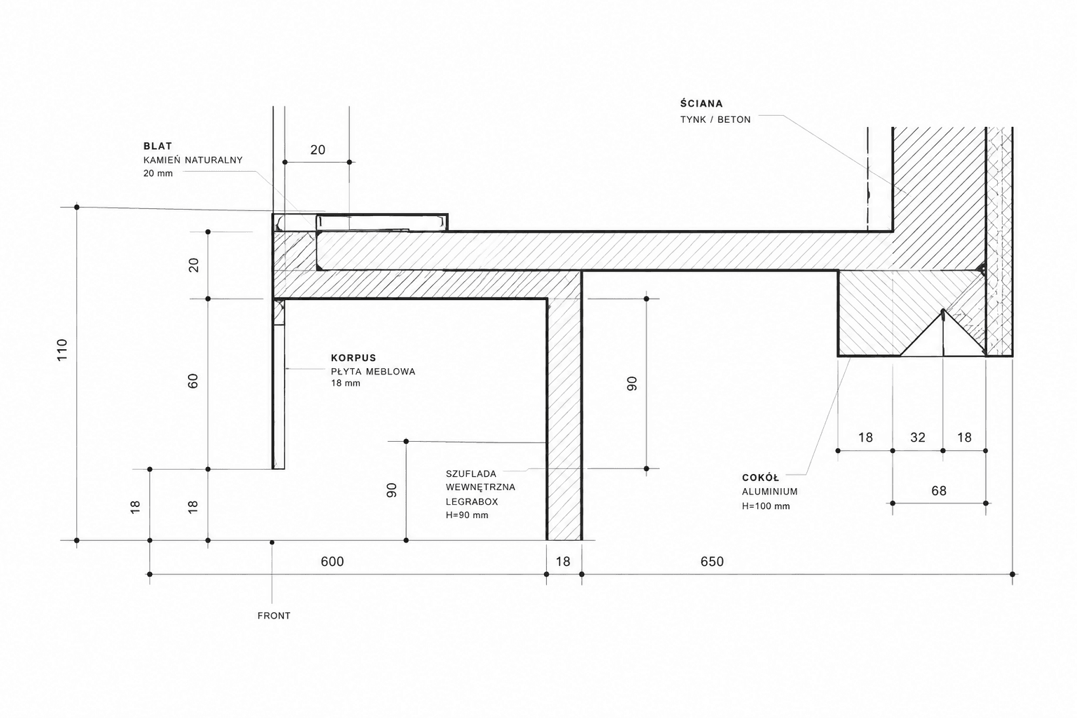 Rysunek techniczny detalu zabudowy meblowej z wymiarami i opisami wykonawczymi