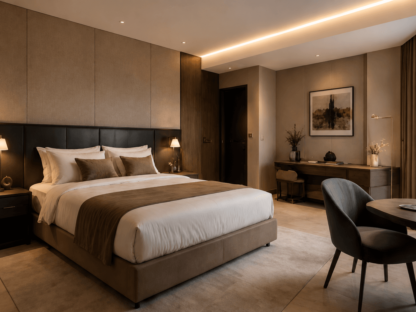 Pokój hotelowy z kompletną zabudową i meblami wykonywanymi na wymiar